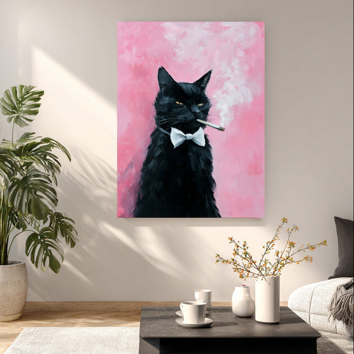 Living room with a painting of a black cat on a pink background