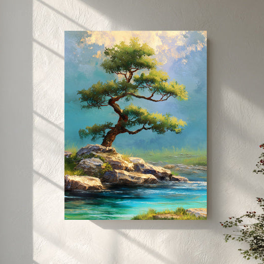 Painting of a tree on a rock with a scenic background in a modern living room.