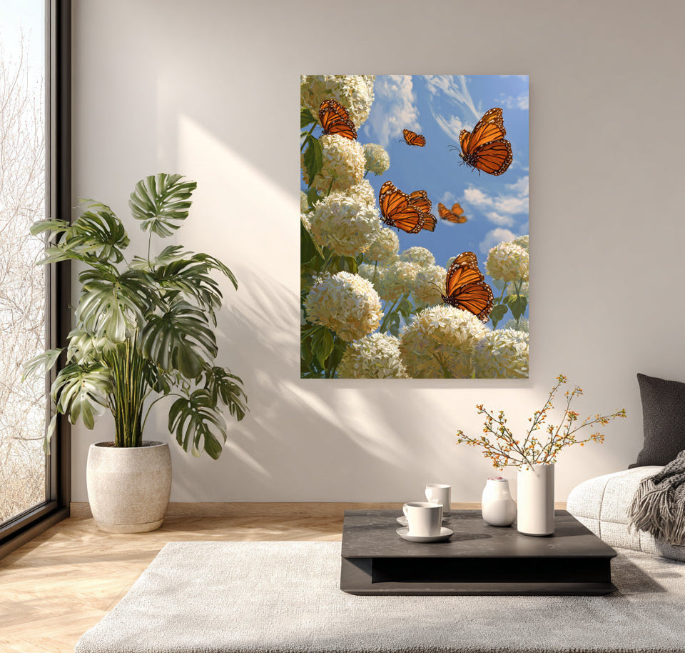butterflies and white hydrangeas canvas