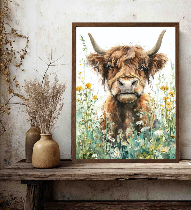 Framed artwork of a cow in a field with flowers on a wooden surface.