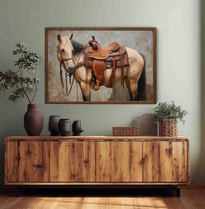 Framed painting of a horse with a saddle on a wall above a wooden console table.