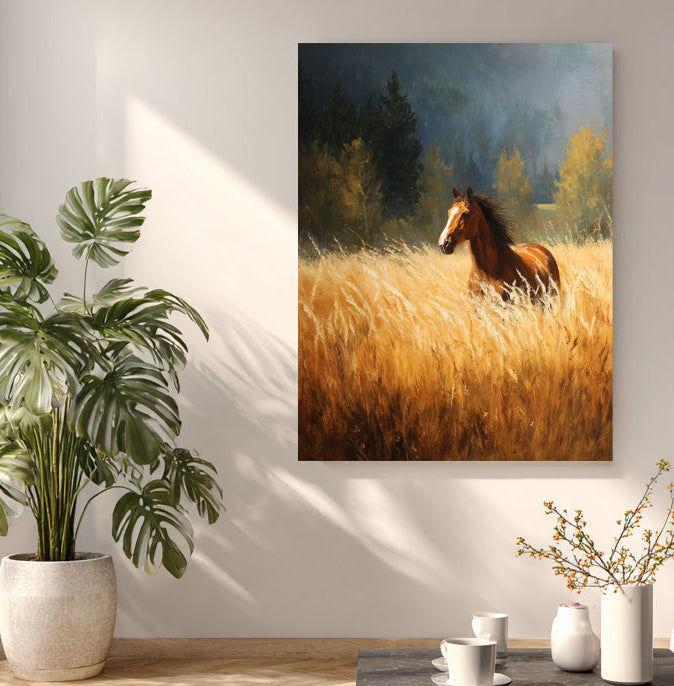 Living room with a painting of a horse in a field, plant, and coffee table.