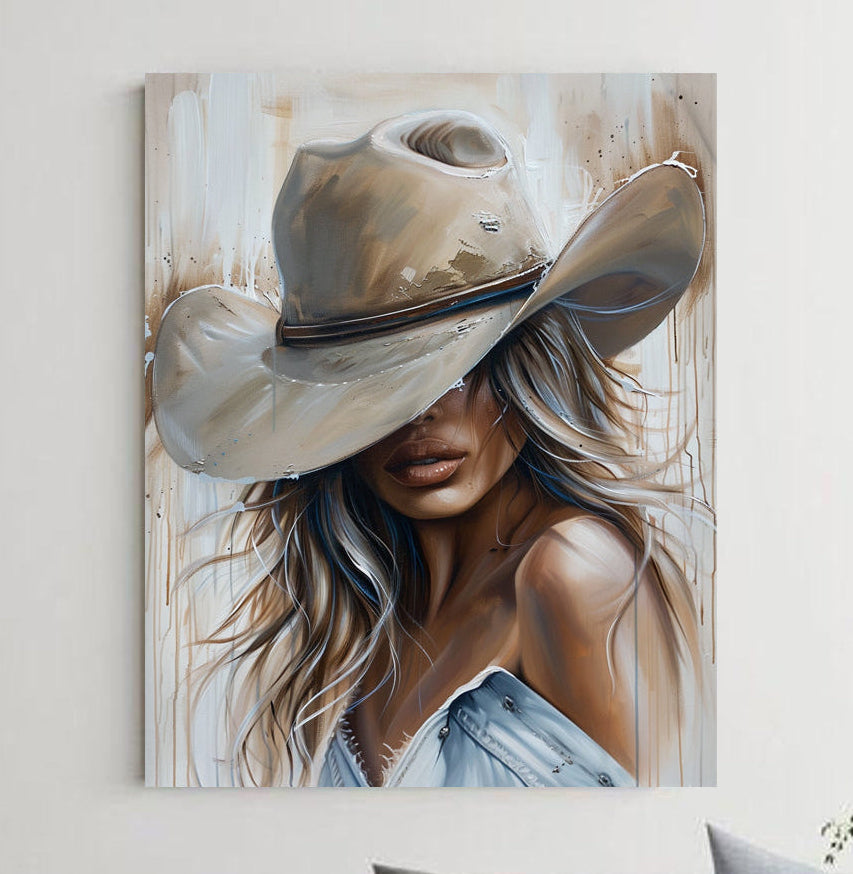 Living room with a painting of a woman wearing a cowboy hat on the wall.