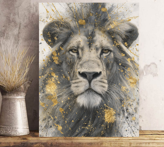 Artistic depiction of a lion with gold accents on a wooden surface next to a metal pitcher with hay.