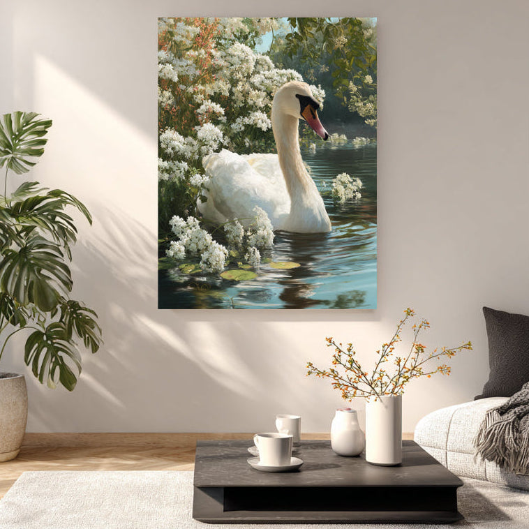 Living room with a painting of a swan on the wall, a plant, and a coffee table with cups.