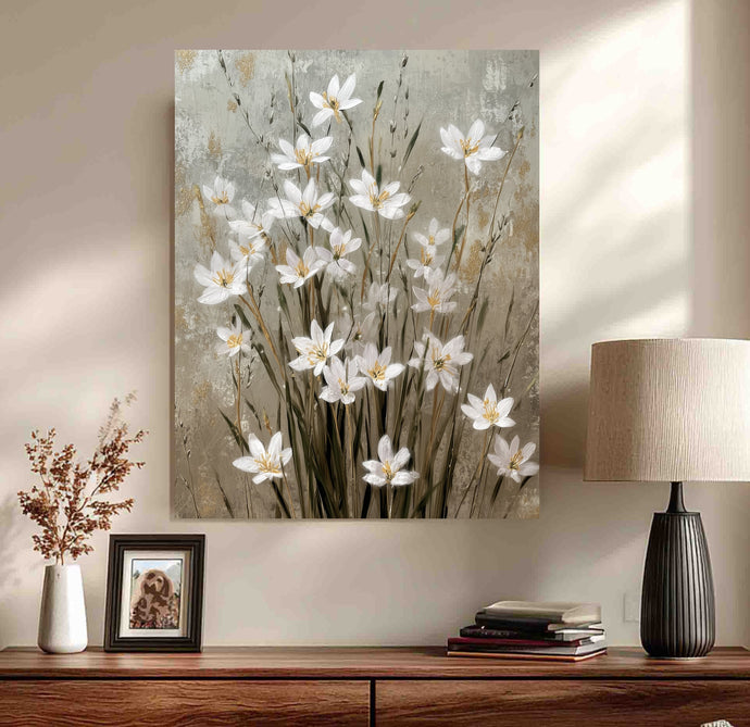 Floral painting on a wall white flowers art canvas print above a wooden console table with decorative items.