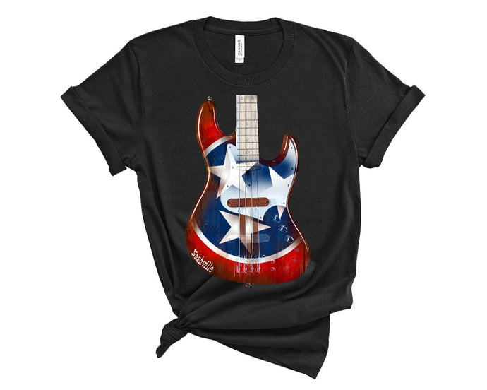 nashville guitar music city tennessee flag t-shirt tee shirts short sleeve black